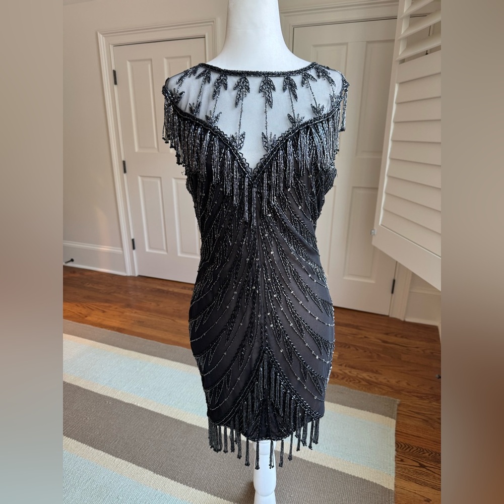Bob Mackie Vintage 80's Sheer Little Black Mini Dress, Bugle Beaded Fringe, Sz 4